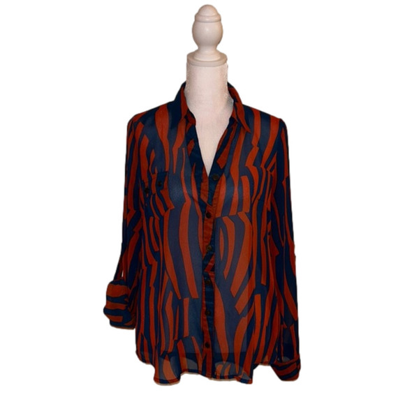 mine Tops - “mine” Burnt Orange & Dark Teal Sheer Blouse Size M
